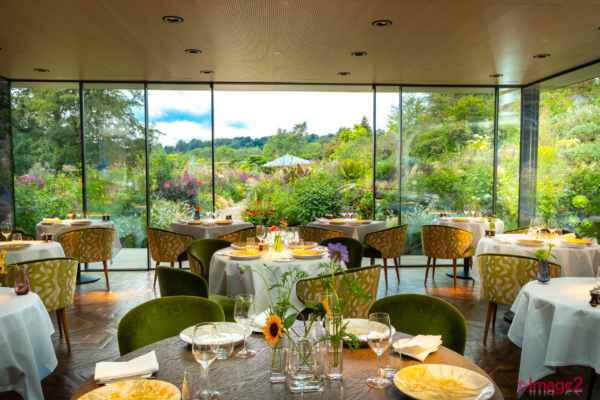 Hotel restaurant dining room with green velvet chairs and floor-to-ceiling windows overlooking a vibrant garden.
