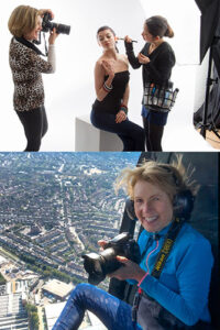 Two photos of a female photographer: one in a studio shoot, and one shooting aerial views from a helicopter.
