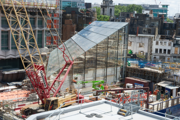 Tottenham Court Road station Upgrade showing huge glazing entrance