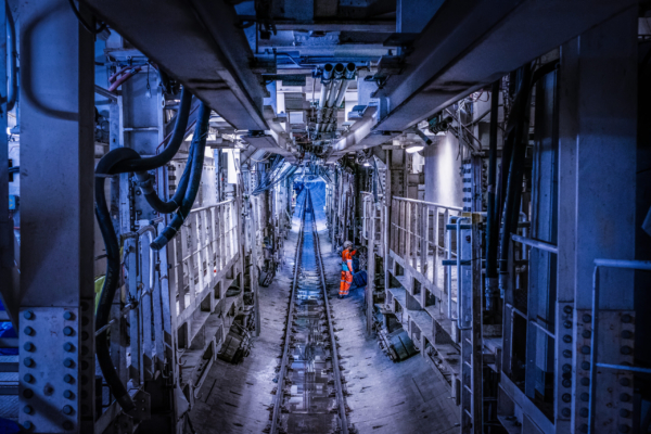 Deep down 60m below the river thames..tunnel boring machine..one lonely operator checking